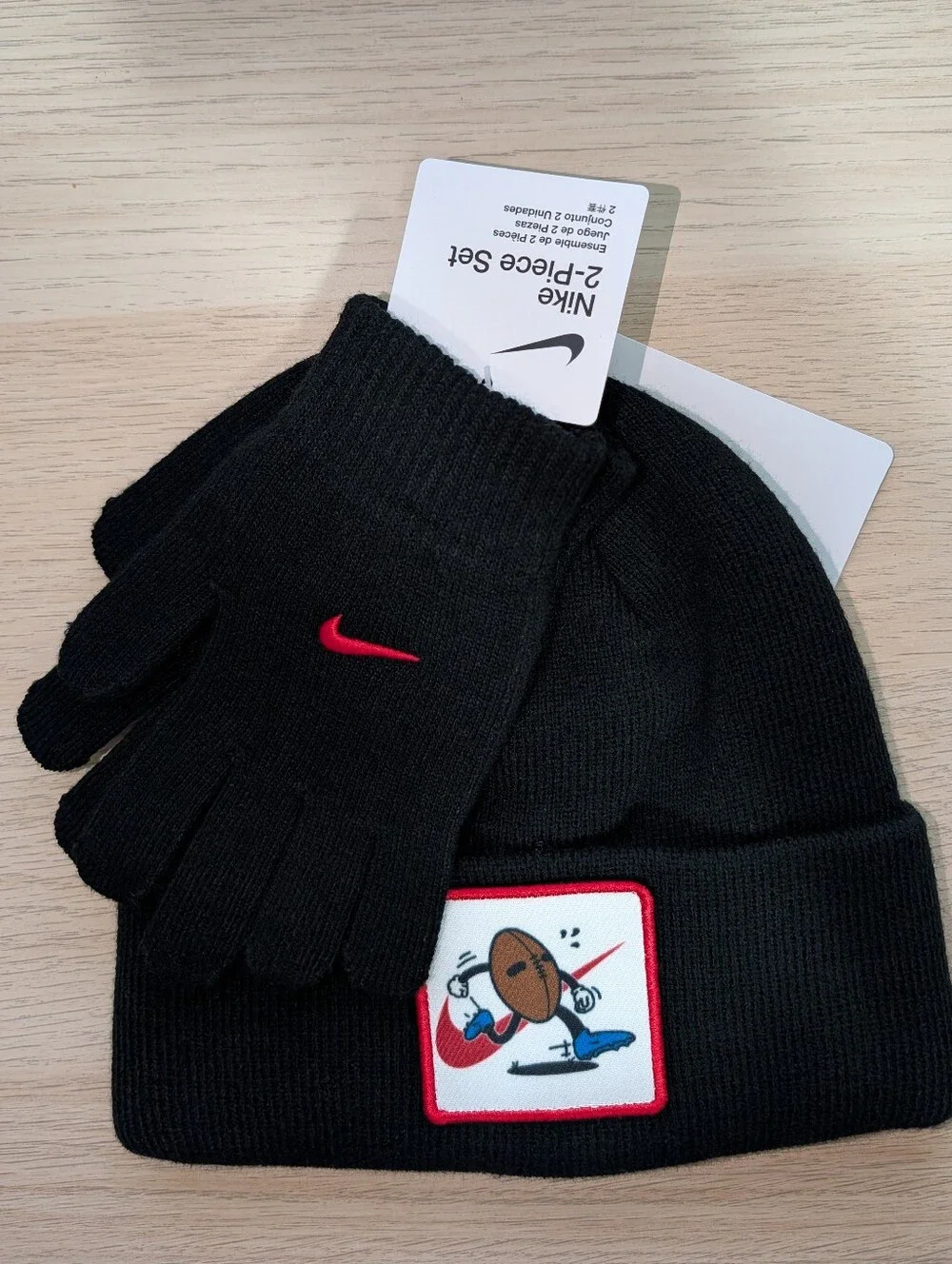 Nike Youth Black Beanie and Gloves Set with Red Accents